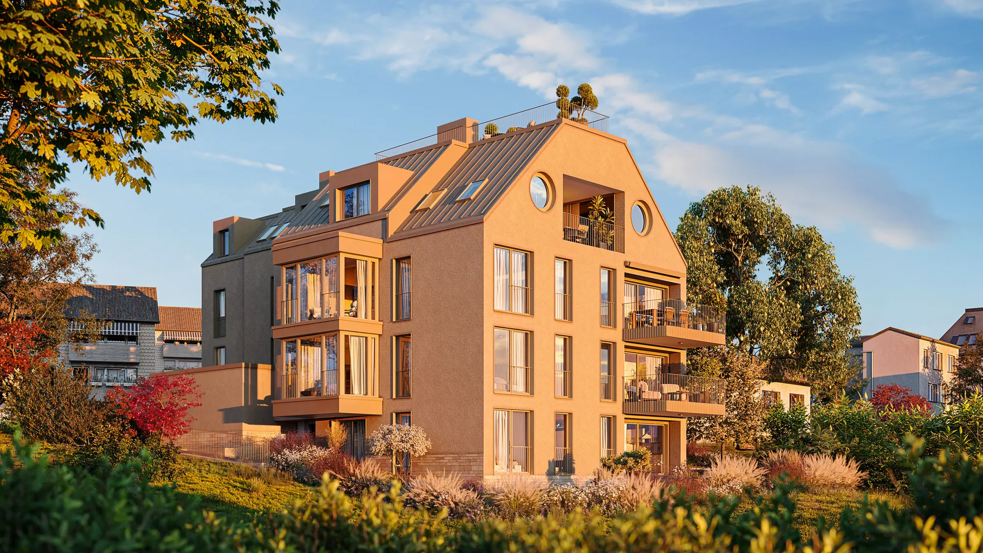 Gesamtansicht bei Sonnenuntergang